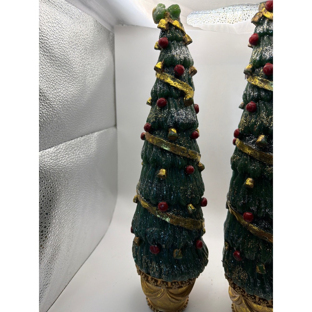 Department 56 Christmas Tree Pillar Candles Gold Base Glitter Set of 2 Green 12" - Picture 5 of 7
